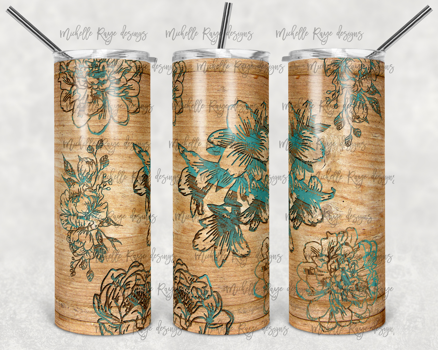 Teal Wood Flowers Etched Wood