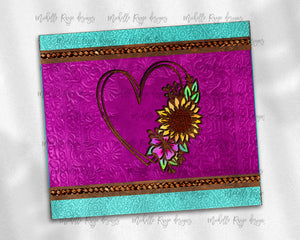 Tooled Leather Sunflower Heart Hot Pink and Teal