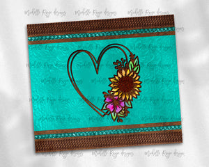 Tooled Leather Sunflower Heart Teal and Brown