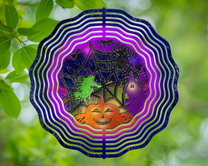 Halloween Witch and Pumpkin Stained Glass Wind Spinner 10"