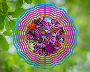 Moms Hot Pink and Orange Flowers Stained Glass Wind Spinner 10"
