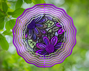 Moms Purple and Hot Pink Flowers Stained Glass Wind Spinner 10"