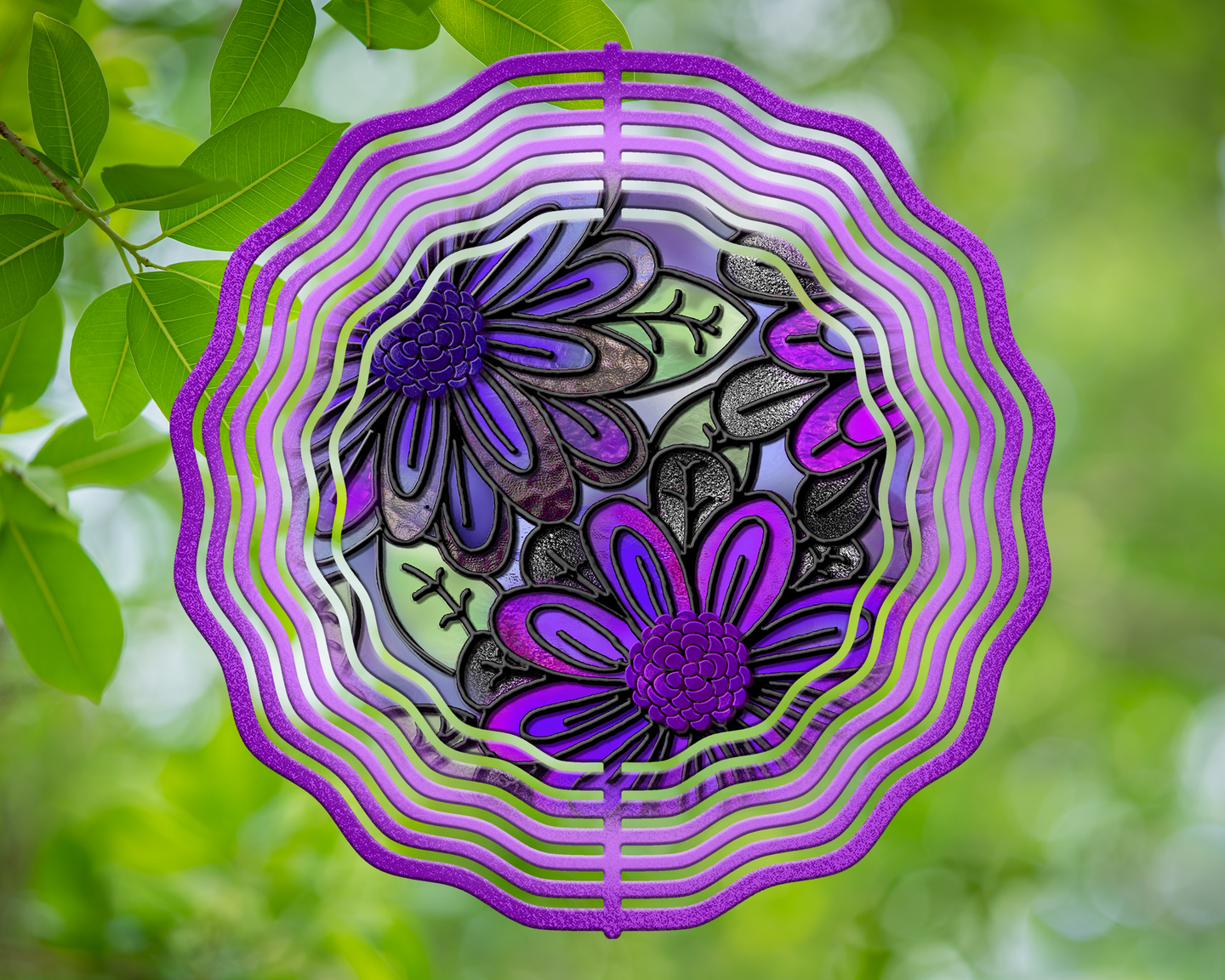 Moms Purple and Hot Pink Flowers Stained Glass Wind Spinner 10