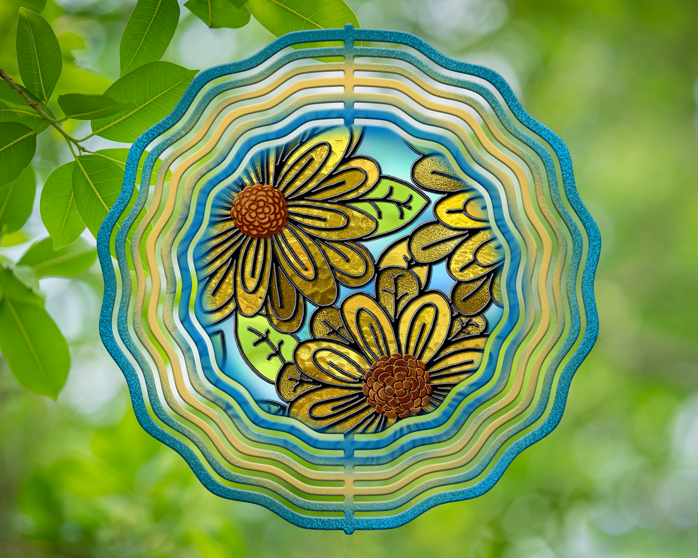 Moms Yellow Orange Flowers Stained Glass Wind Spinner 10