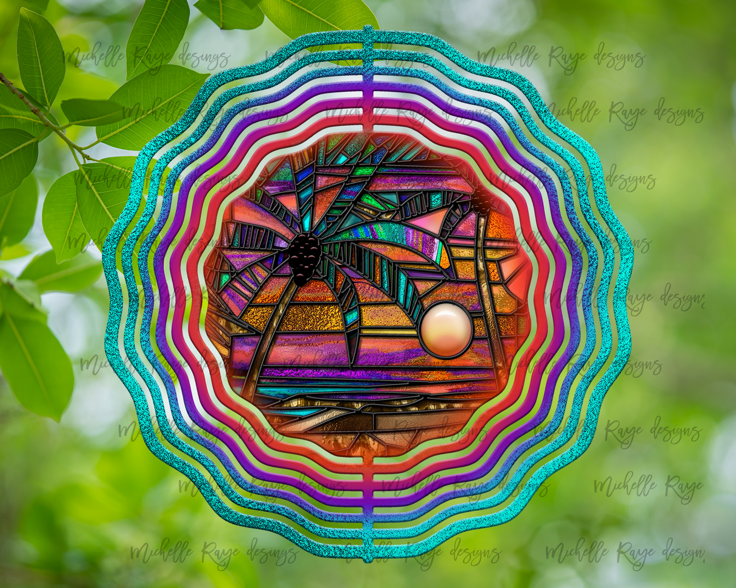 Palm Trees Sunset Stained Glass Design Wind Spinner