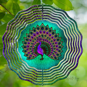 Peacock Stained Glass Wind Spinner, Stained Glass 10"