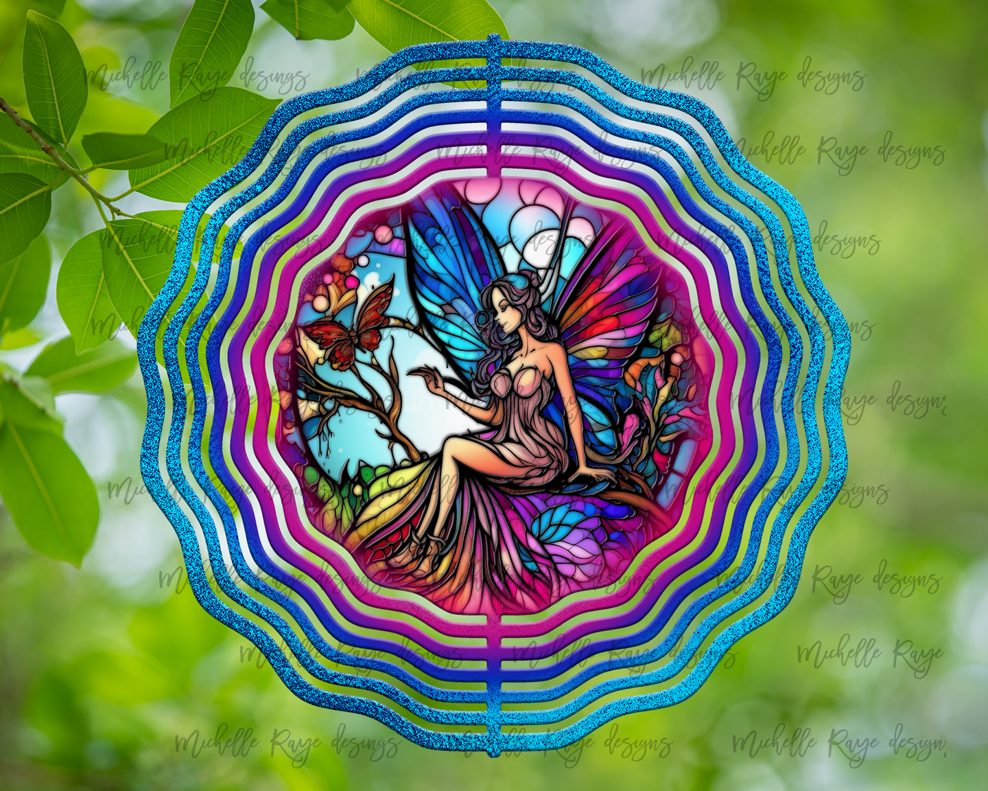 Fairy and Butterfly Stained Glass Design Wind Spinner