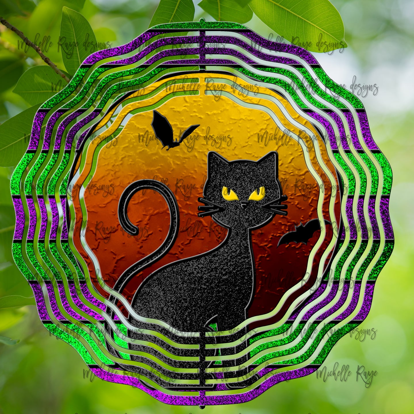 Black cat, Halloween  stained glass, wind spinner