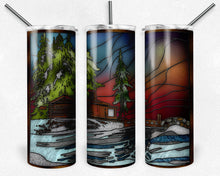 Load image into Gallery viewer, Log Cabin Winter Scene Stained Glass