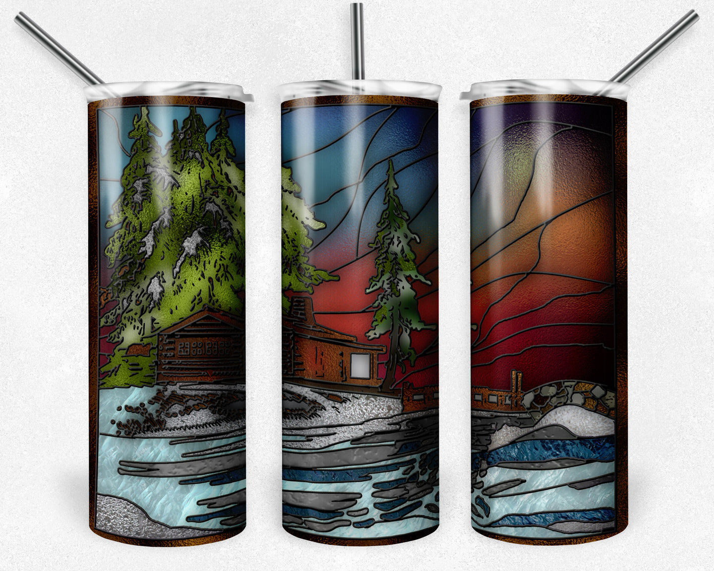 Log Cabin Winter Scene Stained Glass